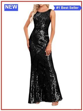 Sequin Mermaid Formal Evening Gown Boat Neck Sleeveless Floor Length Dress